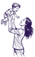 Happy mother and son playing. Sketch style smiling mum, laughing amused baby. Vector motherhood, family illustration. Mother holding laughing baby.