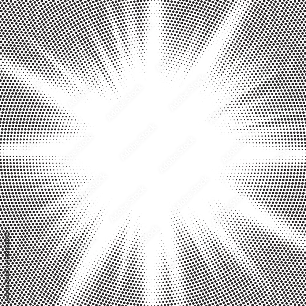 Fototapete Halftone gradient sun rays pattern. Abstract halftone vector dots background. monochrome dots pattern. Vector background in comic book style with sunburst rays and halftone. Retro pop art design.
