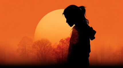 Naklejka premium Silhouette of person against vibrant orange sunset, evoking tranquility