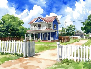 Watercolor Blue House Quaint charm under a bright sky