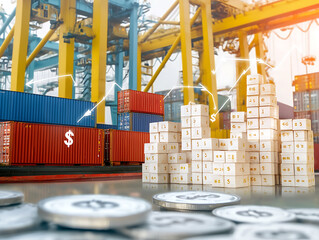 Logistics and trade activities shipping yard business data visualization industrial environment aerial view financial growth