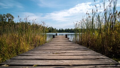 Obraz premium Wooden Dock Extends to Serene Lake under Blue Sky, Tranquil Nature Scene with Tall Grasses
