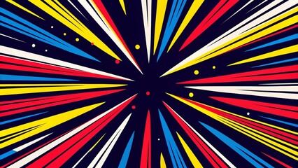 Fototapeta premium Radial speed lines background for comic books. Color rays of explosion. Speed motion in hyperspace tunnel. Abstract comic wallpaper for media advertising, energetic burst pattern effect illustration