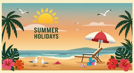 Obraz premium A beach scene with a chair and umbrella on the sand, beach setting, summertime, summer day, hot summer day