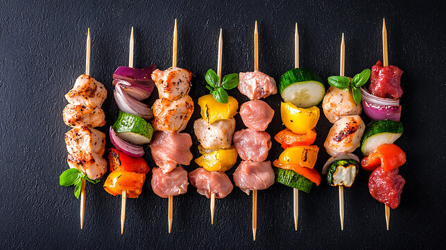Grilling delicious chicken and vegetable skewers outdoor bbq food photography summer vibes top view culinary delight