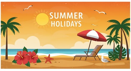 Obraz premium A beach scene with a chair and umbrella on the sand, beach setting, summertime, summer day, hot summer day