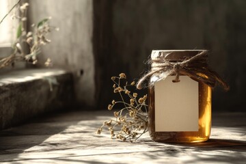 Honey jar with blank label mockup and dry flowers against rustic background  