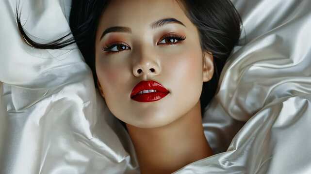 Beautiful Asian woman with red lips and glamorous makeup lying on white silk fabric