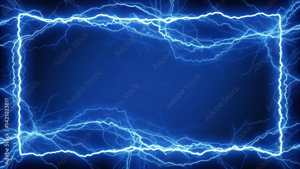 Leinwandbilder rectangle frame with glowing blue electric energy lightning spark effect on dark background, copy sp