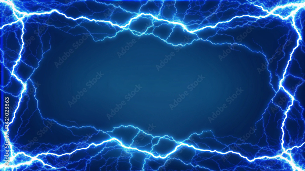 Fototapete rectangle frame with glowing blue electric energy lightning spark effect on dark background, copy sp