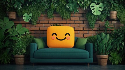 Smiling emoji on a cozy sofa