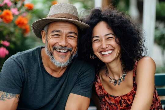 Happy mature couple laughing together on a bench in a garden