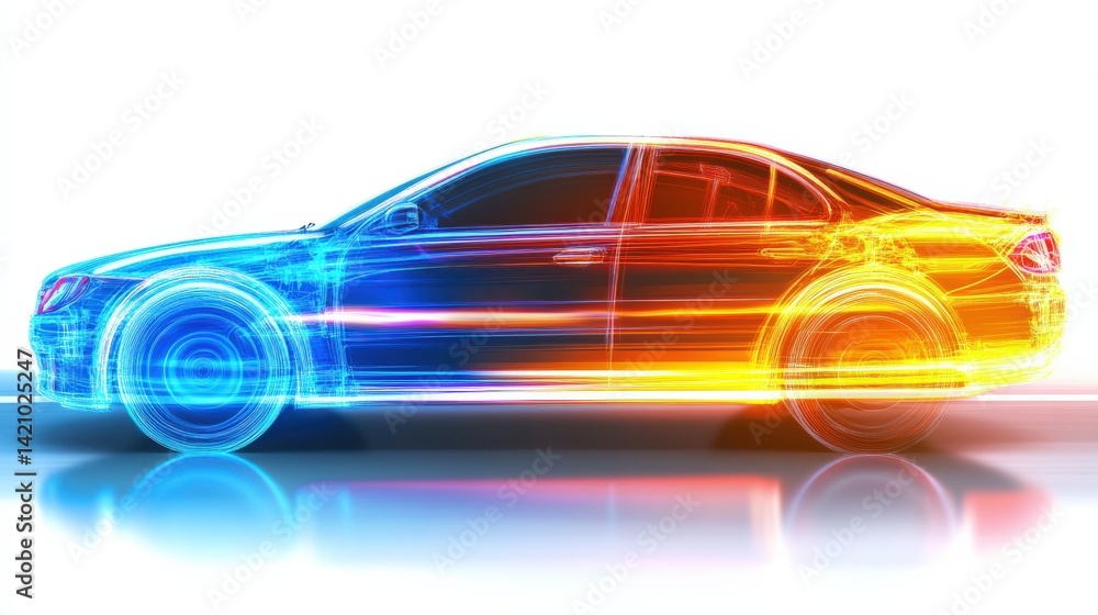Poster dynamic neon car design with colorful light trails and motion