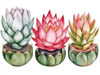 Fototapeta premium Watercolor Cacti Trio A botanical display of spiky succulents with colorful blooms