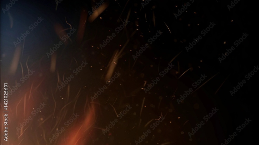Poster sparks fly up glowing particles on a black background and with flames, creating a mesmerizing scene 