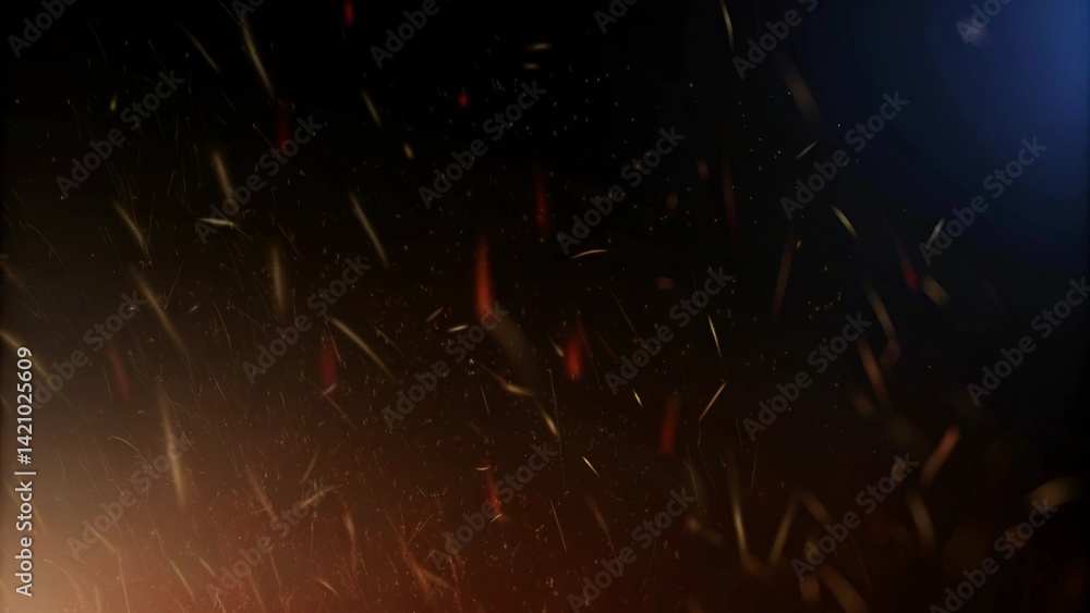 Poster sparks fly up glowing particles on a black background and with flames, creating a mesmerizing scene 