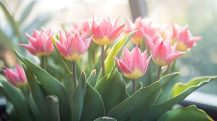 Fototapeta premium Bouquet of pink tulips on bokeh background.