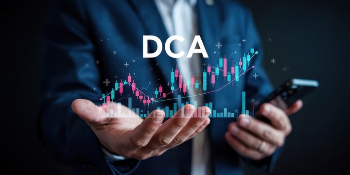 Businessperson holding digital chart of DCA investment strategy.