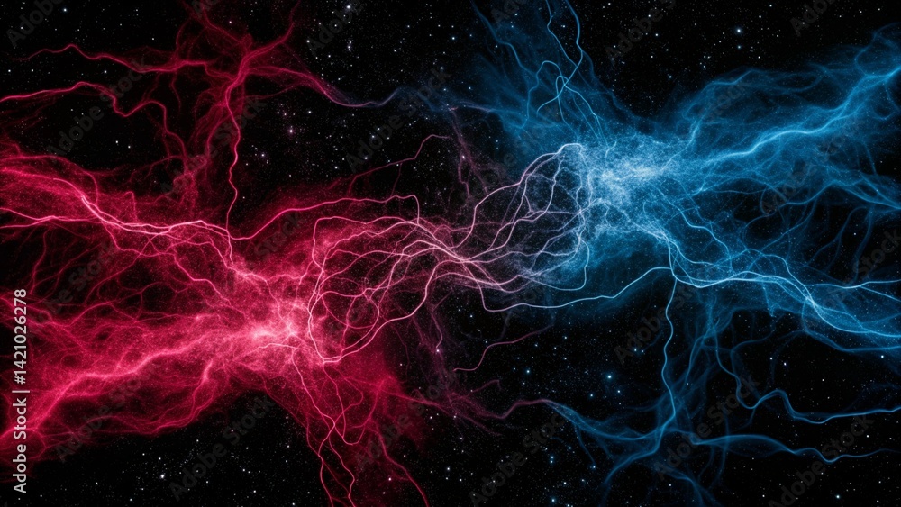 Poster Vibrant abstract digital background featuring global network concept with pink and blue electric energy. Dynamic colors create sense of movement and connection in a futuristic visual environment