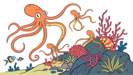 Obraz premium Vibrant Cartoon Octopus Family Underwater Scene with Coral, Rocks, and Fish
