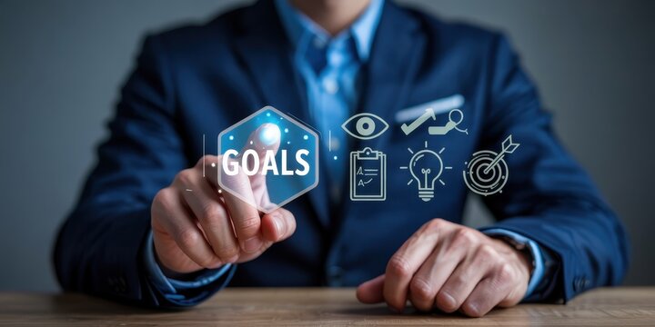 Businessperson selecting goals with interactive interface.
