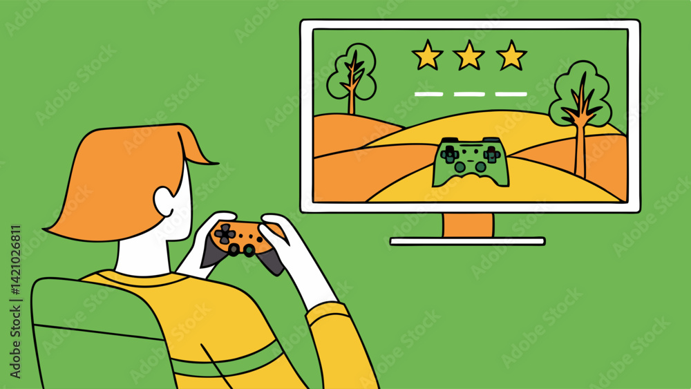 Poster simple flat illustration of a person playing a video game with a controller on a screen showing a la