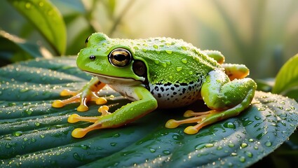 Close up of a green tree frog sitting on a wet leaf in natural light