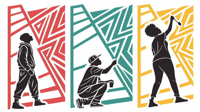 Colorful Mural Painting Vector Art People Silhouettes