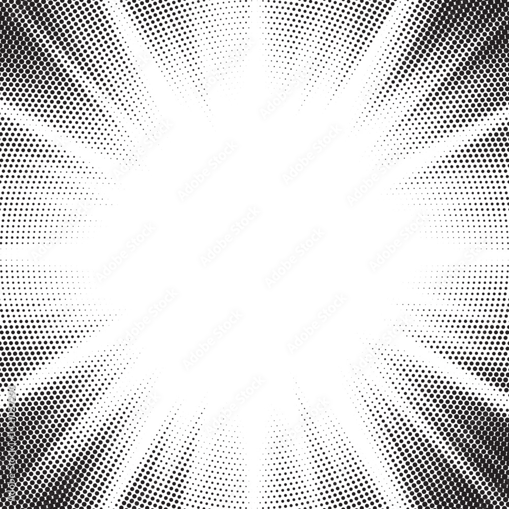 Fototapete Halftone gradient sun rays pattern. Abstract halftone vector dots background. monochrome dots pattern. Vector background in comic book style with sunburst rays and halftone. Retro pop art design.
