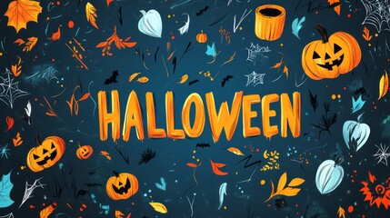 Halloween themed backdrop filled with various seasonal objects and colors