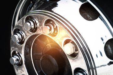 Truck Wheels, Chrome Rims, Alloy Wheels. Big rig, Semi Trailer Truck Wheels. Freight Truck Logistics Transportation.	