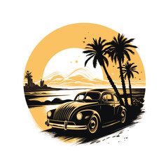 Retro Car at Beachside Sunset with Palm Trees Illustration