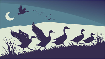 Dark Silhouette Geese Walking Uphill and Flying at Night Under the Moon Peaceful Landscape Scene