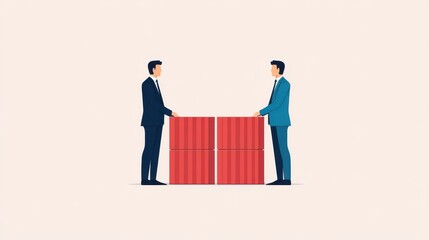 abstract illustration of two businessmen exchanging goods across a rising tax barrier, conflict in international trade