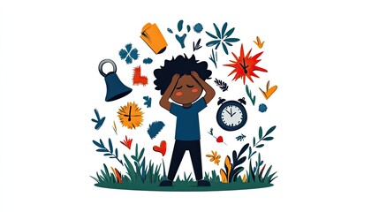 Stressed child surrounded by time-related objects