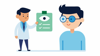 Doctor performing eye exam with test chart shown to a patient in editable vector line illustration suitable for healthcare websites clinics and informational content