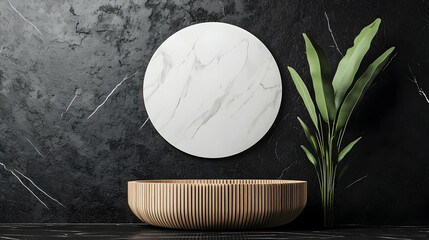 Modern Bathroom Decor with Marble Wall Art and Green Leaf Plant