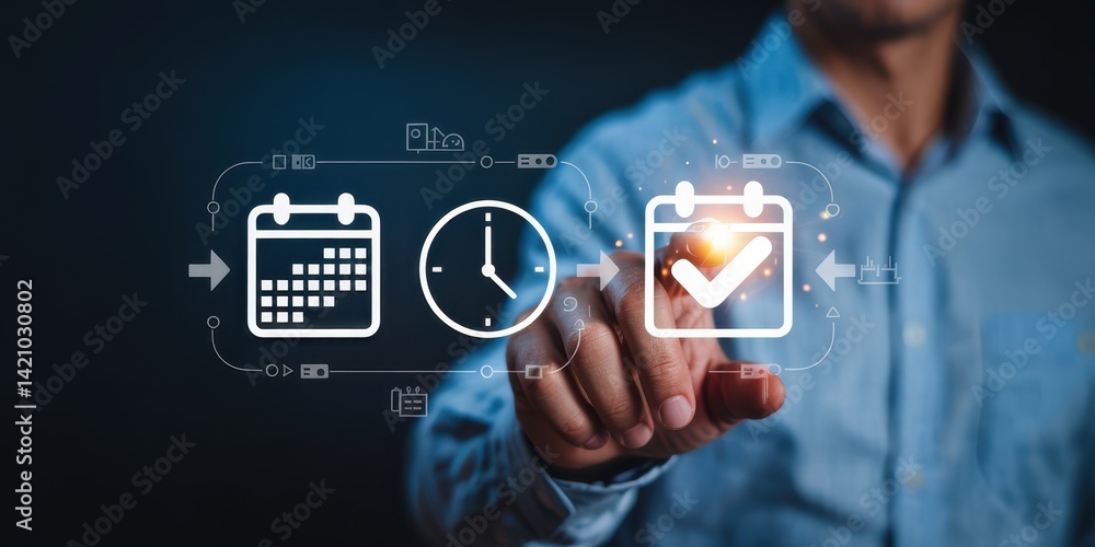 Poster a person interacts with a digital calendar and time management interface.