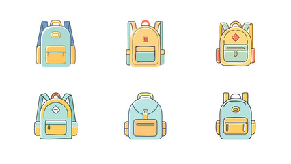 Simple line icon of a school bag with two straps, a front pocket, and a curved top
