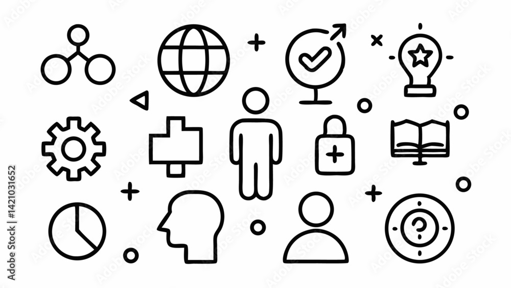 Poster equality-focused editable icon set in line vector format depicting concepts of justice, fairness, di