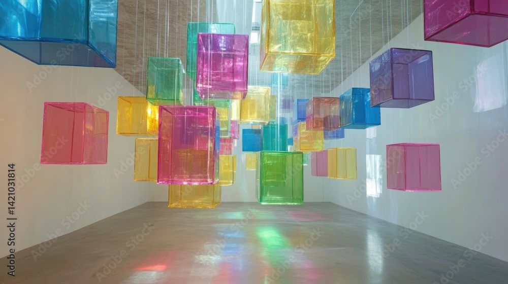 Poster a kaleidoscopic installation featuring floating translucent colorful cubes of varying sizes