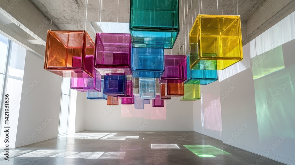 Poster illuminated prism cubes: a modern art installation casting rainbows in an open space