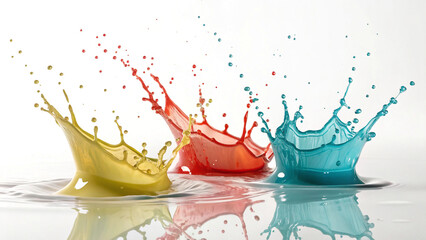 Vibrant paint splashes in yellow red blue dynamic motion white