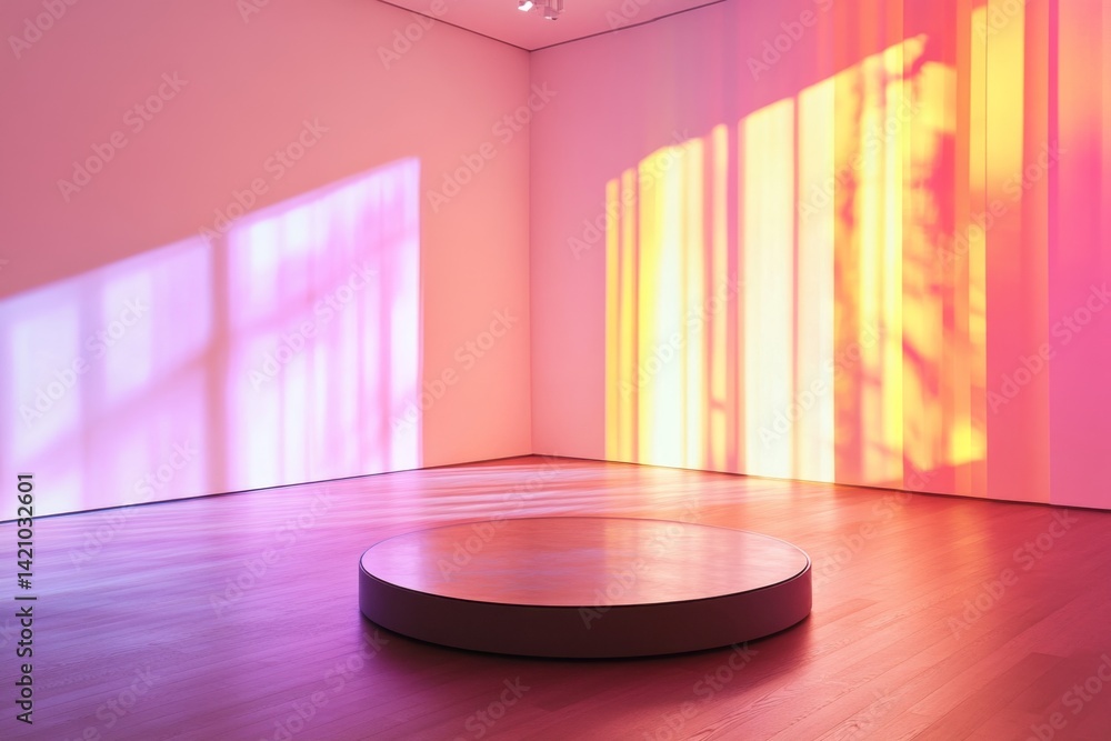 Poster empty gallery space, illuminated by colored light. a circular platform sits in the center
