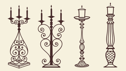 Ornate Vintage Iron Candlesticks Line Art Illustration Four Styles