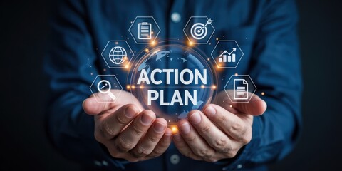Businessperson holds a glowing action plan sphere.