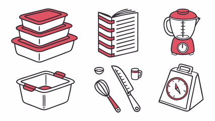 Red White Line Art Kitchenware Icons: Blender Cookbook Containers Knife