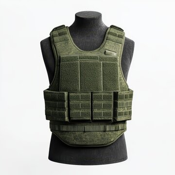 Tactical vest, olive drab camouflage, modular design, MOLLE system.