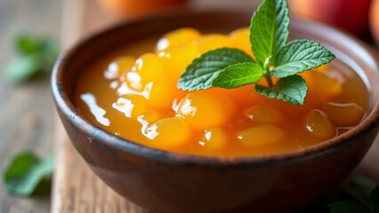 Homemade Peach Jam With Mint Garnish