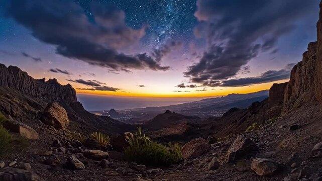 Day to night sunset hyper lapse over volcanic caldera showcasing vibrant colors and starry sky transition, Day to night sunset hyper lapse over volcanic caldera of Tejeda, Gran Canaria, Canary